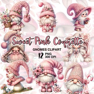 Sweet Pink Coquette Gnomes Clipart. 12 Cute Coquette Gnomes Collection | Charming Sublimation Gnome PNG Illustrations