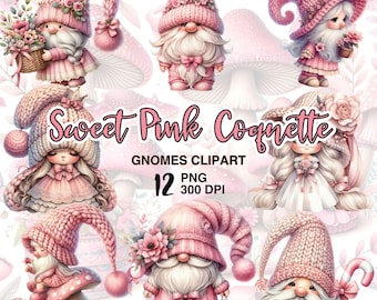 Pink Coquette Gnome Clipart Set, Valentine's Day Crafts (PNG)