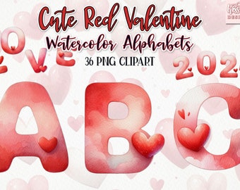 Valentine Watercolor Alphabet Clipart, Red Heart Letters (PNG)