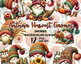 Autumn Harvest Gnome Watercolor Clipart for Cozy Fall Crafts and Seasonal Decor