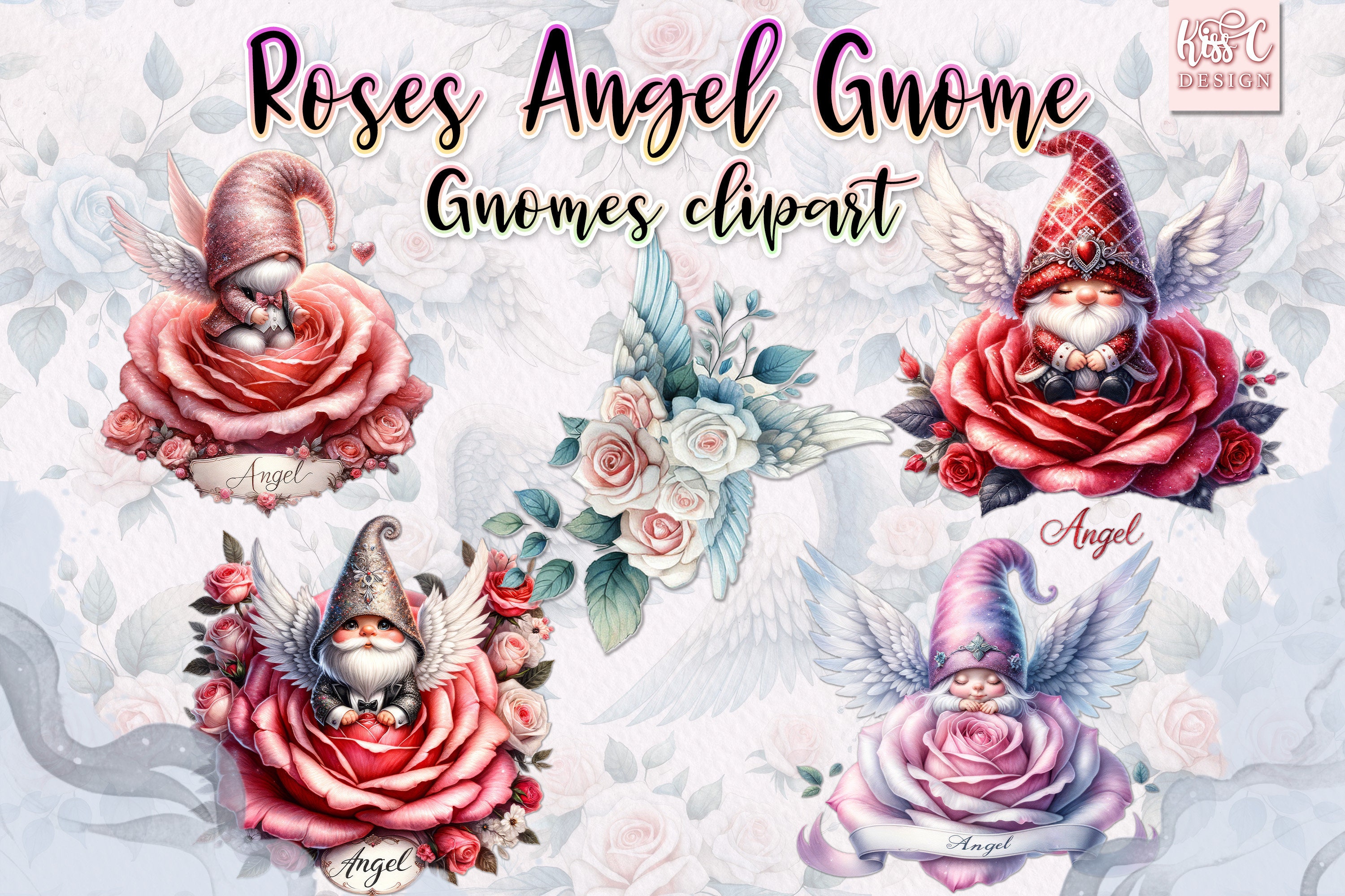 Watercolor Roses Angel Gnomes PNG Clipart. Gnome PNG Bundle. Spring ...