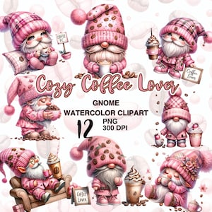 Watercolor Cozy Coffee Lover Gnomes Collection. Coffee Gnome PNG Bundle. Sublimation Design for DIY Crafts.