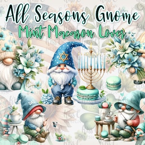 Puede incluir: Ilustración en acuarela con gnomos con acentos florales y macarons. Los gnomos llevan sombreros y están rodeados de flores, una menorá y aparejos de pesca. El texto "All Seasons Gnome Mint Macaron Lover" está en la parte superior.