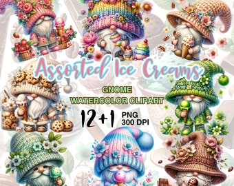 Watercolor Assorted Ice Cream Gnomes PNG Clipart. Gnome PNG Bundle. Spring & Summer Seasons. Sweet Treats Sublimation Design for DIY Crafts.