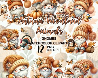 Autumn Gnomes and Woodland Animals Watercolor Clipart for Fall Decor and DIY Craft Projects