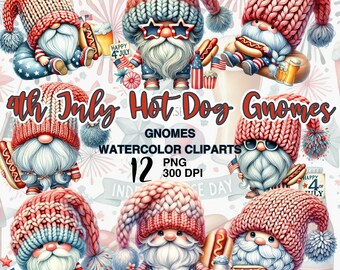 4th of July Hot Dog Gnomes Watercolor Clipart (PNG)