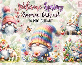 Watercolor Spring Gnome Clipart Bundle for Floral Crafts and Sublimation Projects