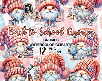 Back to School Gnome Watercolor Clipart Collection for Classroom Decor and Teacher Craft Projects