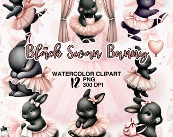 Bunny Ballerina Watercolor Clipart: Elegant Black Swan Rabbits (PNG)