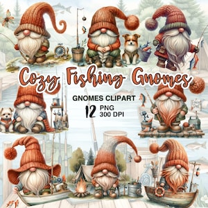 Cozy Fishing Gnomes Clipart. 12 Fall Outdoor Camping Collection | Adventure Sublimation Gnome PNG Illustrations