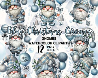 Blue Christmas Gnome Watercolor Clipart Collection for Winter Holiday Crafts and Sublimation Projects