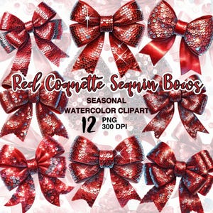 Red Coquette Sequin Bows Collection | Watercolor Holiday Ribbon Clipart Set. 12 PNG Red Party Decoration Illustrations.