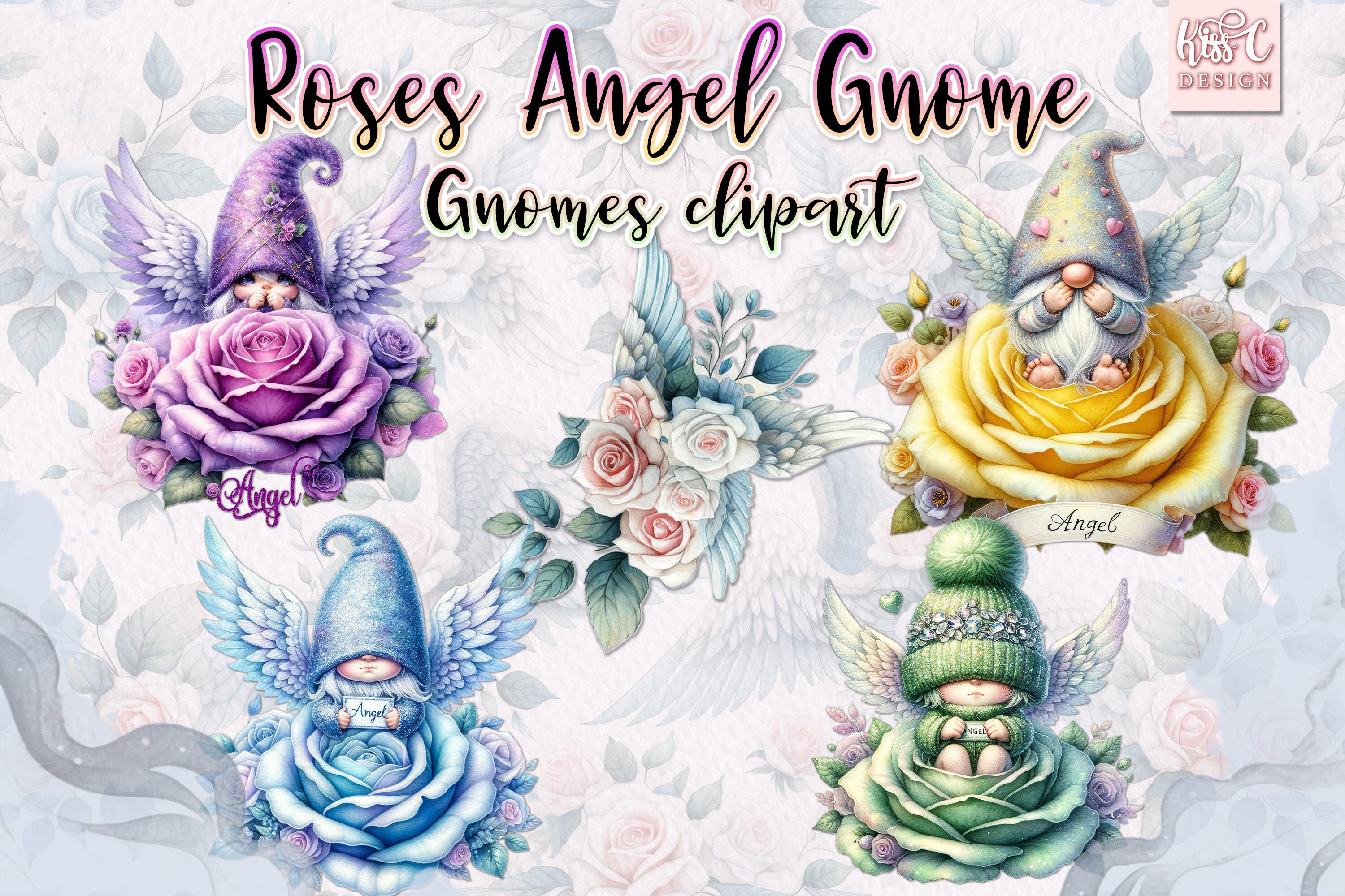 Watercolor Roses Angel Gnomes PNG Clipart. Gnome PNG Bundle. Spring ...