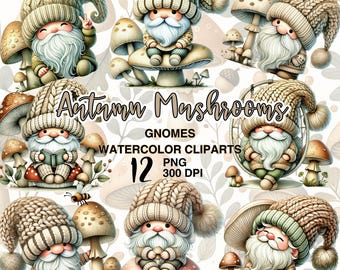 Autumn Mushroom Gnome Watercolor Clipart for Fall Seasonal Decor and Craft Projects