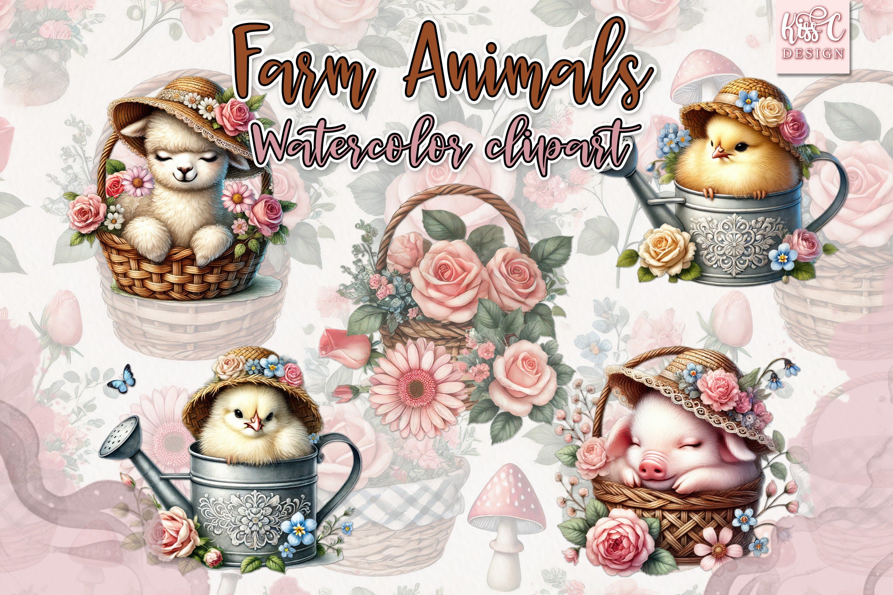 Watercolor Whimsical Farm Animals Clipart. 12 Farm Animal Prints PNG ...