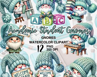 Academic Student Gnome Watercolor Clipart Collection for School Crafts and Classroom Projects