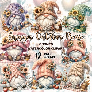 Watercolor Summer Outdoor Picnic Gnomes Clipart. 12 PNG Printable Gnomes. Cute Bundle for DIY Crafts. Instant Download.
