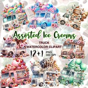 Watercolor Assorted Ice Cream Truck PNG Clipart. Vintage Truck PNG Bundle. Spring Summer Seasons. Trucks Sublimation Design for DIY Crafts.