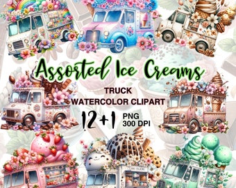 Vintage Ice Cream Truck Watercolor Clipart for Summer Dessert Crafts and Sublimation Projects
