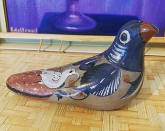 Blue Tonala Ceramic Bird Statue Mexican Pottery Vintage Folk Art Painting Handpainted