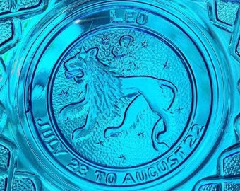 Zodiac Leo Blue Glass Trinket Bowl Dish Lion July August Birthday Astrology Catchall