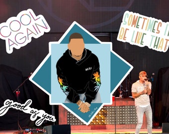 May include: A digital illustration of a person wearing a black hoodie with colorful floral print on the sleeves. The illustration is on a blue background with a white border. The text "Cool Again" is on a white sticker with a rainbow gradient. The text "Sometimes it be like that" is on a white sticker with a colorful gradient. The text "good as you" is on a white sticker with a black outline.