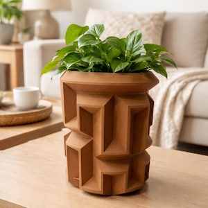 Puede incluir: Una maceta geométrica de color terracota llena de plantas verdes de hojas vibrantes. La maceta tiene un diseño angular único con formas empotradas. Se encuentra sobre una mesa de madera clara, con un sofá de tonos neutros en el fondo.