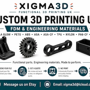 Puede incluir: Un gráfico promocional de XIGMA3D que muestra cuatro piezas mecánicas negras impresas en 3D, incluyendo un soporte, un engranaje, un brazo de enlace y una carcasa rectangular. El texto enumera materiales como PLA, PETG, ABS y TPU.