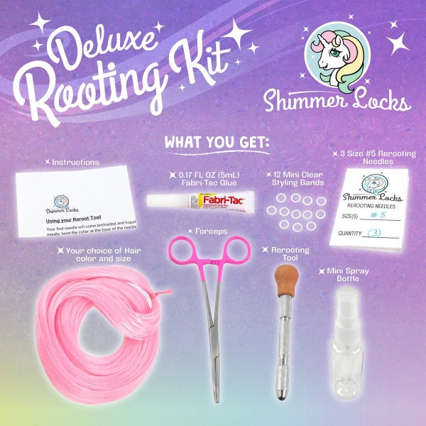 Deluxe Doll Hair Rerooting Starter Kit Complete with Reroot Tool, Needles, Instructions, Doll Hair, Forceps, Glue, Styling Bands, & Mister