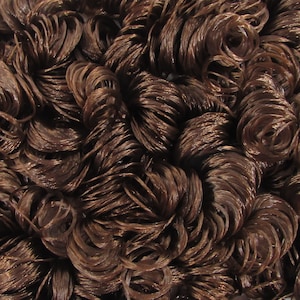 A chocolate brown curly nylon doll hair for rerooting standard 11.5 inch fashion dolls, monster high reroots, custom rehairing and restoring all doll and toy types. Available in 5mm, 10mm and 20mm sizes.
