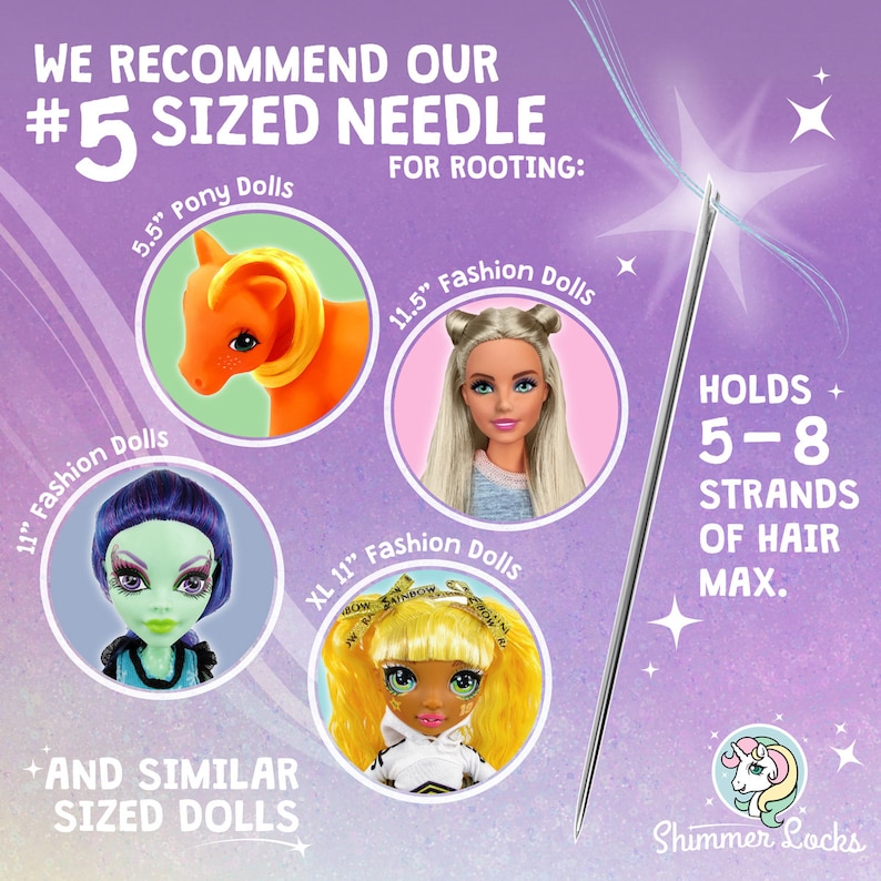 Doll Hair Rerooting Needles for Custom Dolls, Custom Barbie or rehairing and doll restoration.  Size #5 is best for Barbie dolls, Monster High, My Little Pony, Rainbow High and OMG LOL dolls.