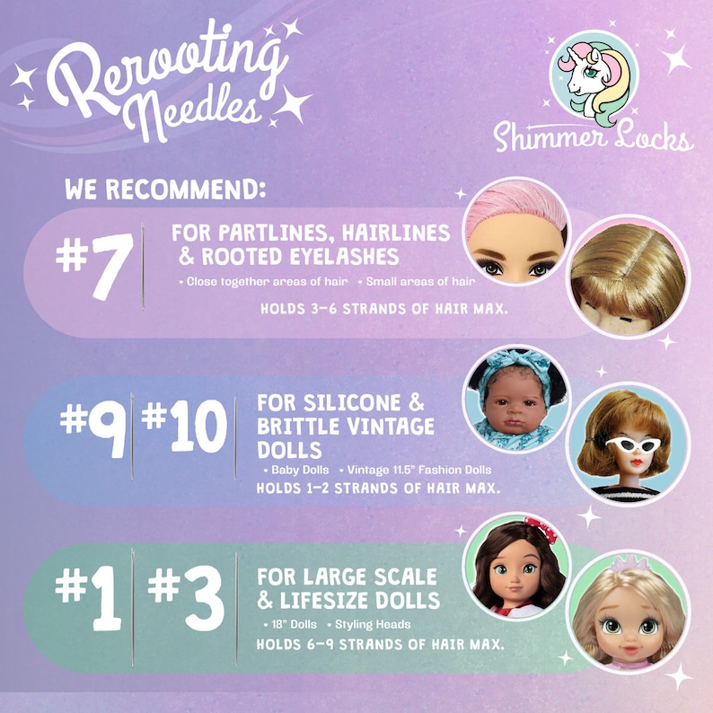 Doll Hair Rerooting Needles for Custom Dolls, standard 11.5 inch fashion dolls or rehairing and doll restoration.  Size #7 is best for hairlines & partlines, #9/#10 is best for silicone dolls/reborn babies, #1/3 is best for large or lifesize dolls.