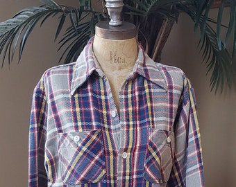Vintage ELY CATTLEMAN Flannel Plaid Shirt Long Sleeve Thick Chunky Shacket Blue Beige 80's 90's Size Men's Small Women's Medium Large M L