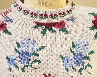 Vintage 80's Floral Sweater_Womens Medium M_BASIC EDITIONS_100 % Acrylic 1980's 1990's 90's_Mock Neck_Blue Red Beige Tan_Gorgeous!