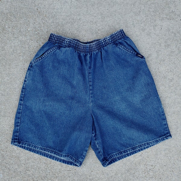 Vintage CHIC Grandma Mom Elastic Jean Shorts High Waisted Waist Rise Denim Dark Medium Blue Wash 80's 90's Fit Women's Size 10-12 Large L