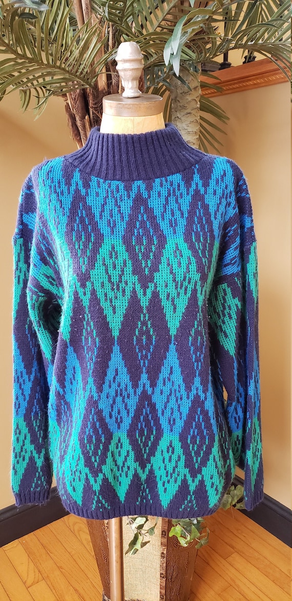 Vintage CROQUET Sweater_Argyle Style Ski Fair Isle Nordic_Teal & Navy Blue Green Diamond_Acrylic_Soft Cozy_Womens Size Medium M - Large L