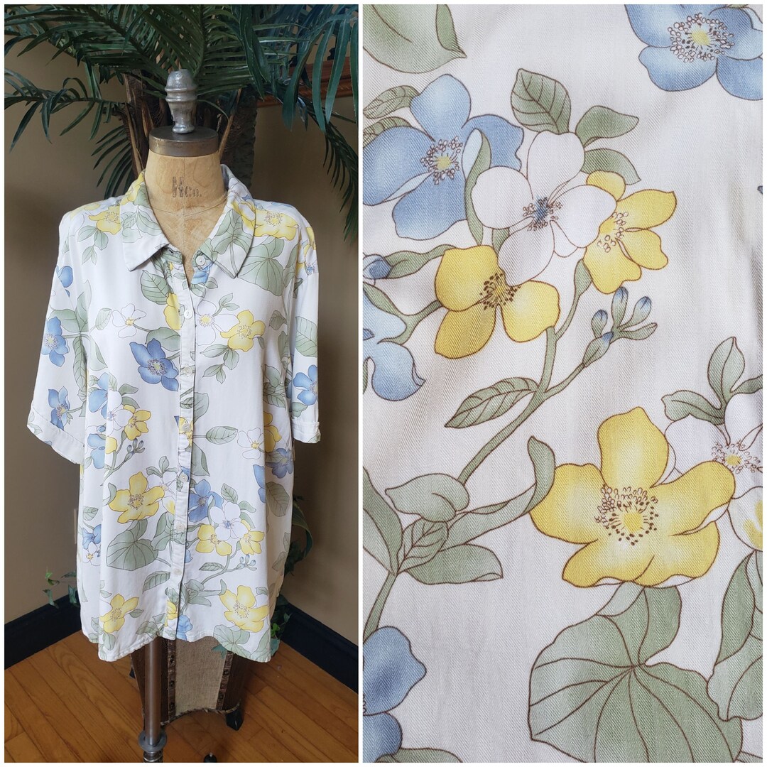 Vintage Women's Yellow Blue HAWAIIAN Floral Shirt Jamaica Bay Button up