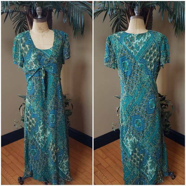 Vintage 80's 90's Green Flowy Floral Midi Dress Short Sleeve Front Tie Emerald Chiffon Comfy Fits Womens Size Large L 10 12