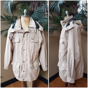 Vintage EDDIE BAUER Plaid Wool Lined Mountain Parka Jacket Coat_Work Chore Barn_All Weather_Beige Tan Brown_Fits Men&#39;s Large L_80&#39;s 90&#39;s