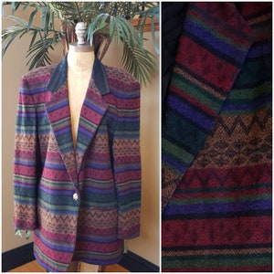 Vintage 90&#39;s Boho Aztec Wool Blend Blazer_Southwestern_Lightweight Coat_ Button Up_CASABLANCA_Colorful_Fits Women&#39;s at least Large up to XL