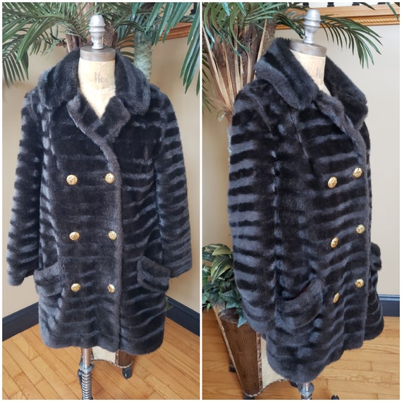 Rare Vintage 60's Dark Brown Black Faux Fur Coat_ILGWU Label Union Made 1960's_ Furry Winter Jacket_Women's Extra Small-Small XS - S