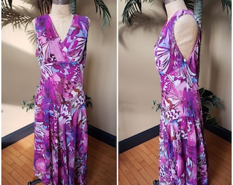 Vintage 90's Purple Abstract Chiffon Shift Dress_DRESS BARN_Sleeveless V-Neck_Asymmetrical Hem Drop Waist_80's_Womens Size Medium Large 8 10