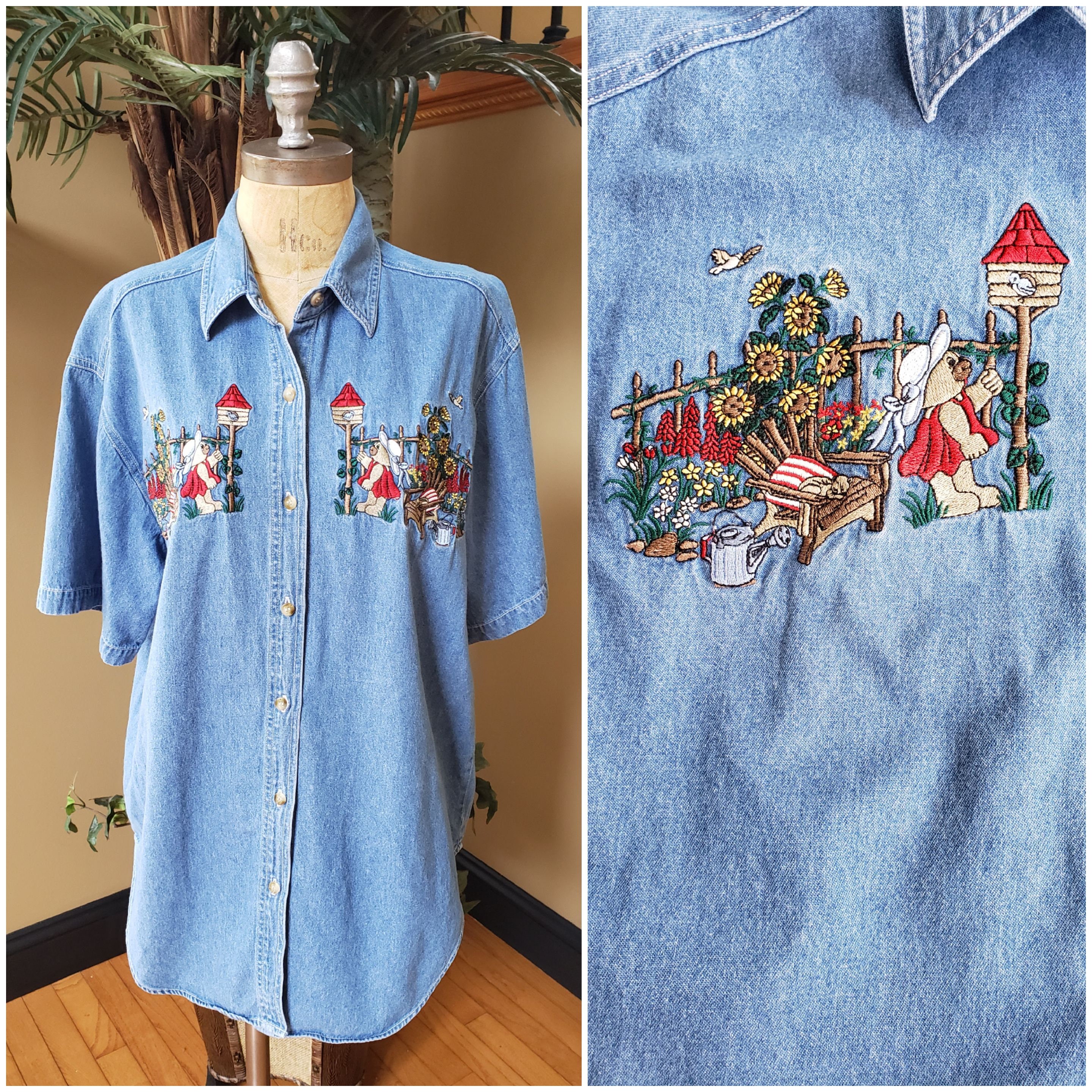 Vintage Embroidered Denim Short Sleeve Shirt_floral Button