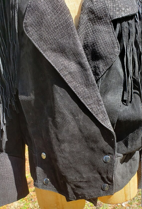 Vintage Black Suede Cropped Leather Fringe Jacket… - image 4