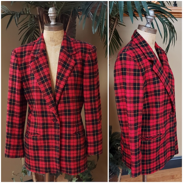 Vintage Red Tartan Plaid Wool Blazer Red Christmas Holiday JOAN LESLIE Jacket Coat Fits Women's Size Medium 6 - 8  80's 90's 1990's 1980's