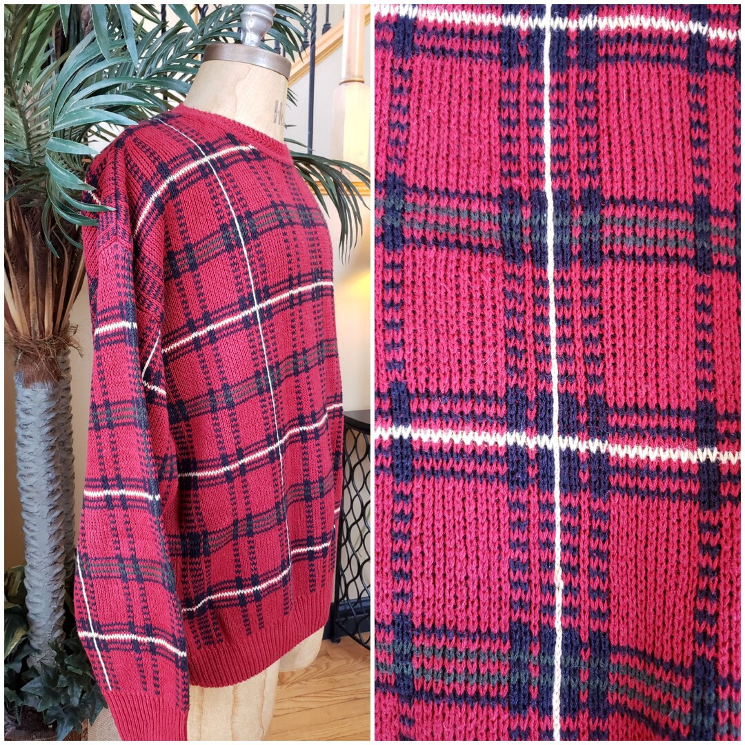【XL】 Brushed Plaid Sweater Vintage ROUNDTREE & Yorke Plaid Grandpa Sweater Red Green Yellow
