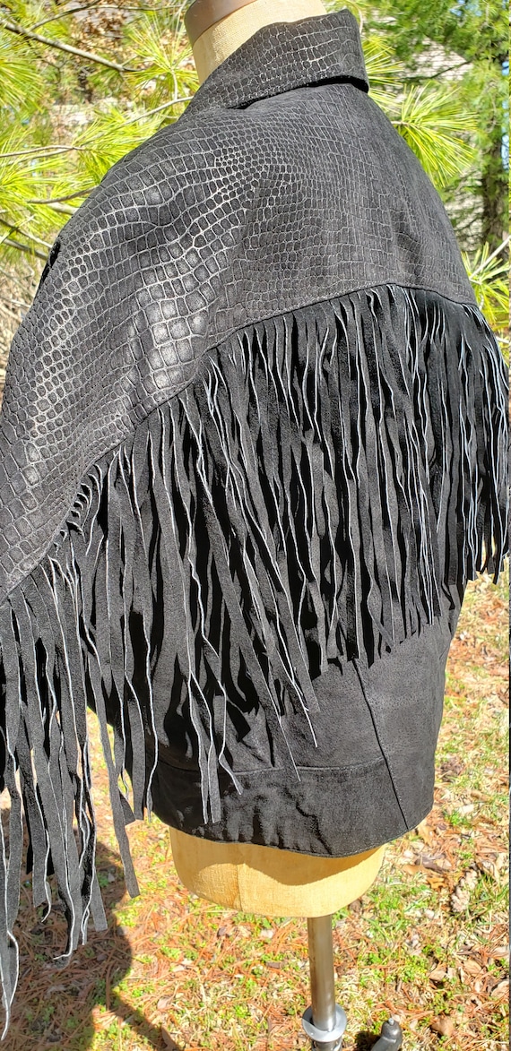 Vintage Black Suede Cropped Leather Fringe Jacket… - image 6