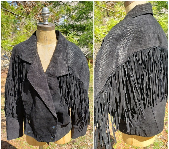 Vintage Black Suede Cropped Leather Fringe Jacket… - image 1