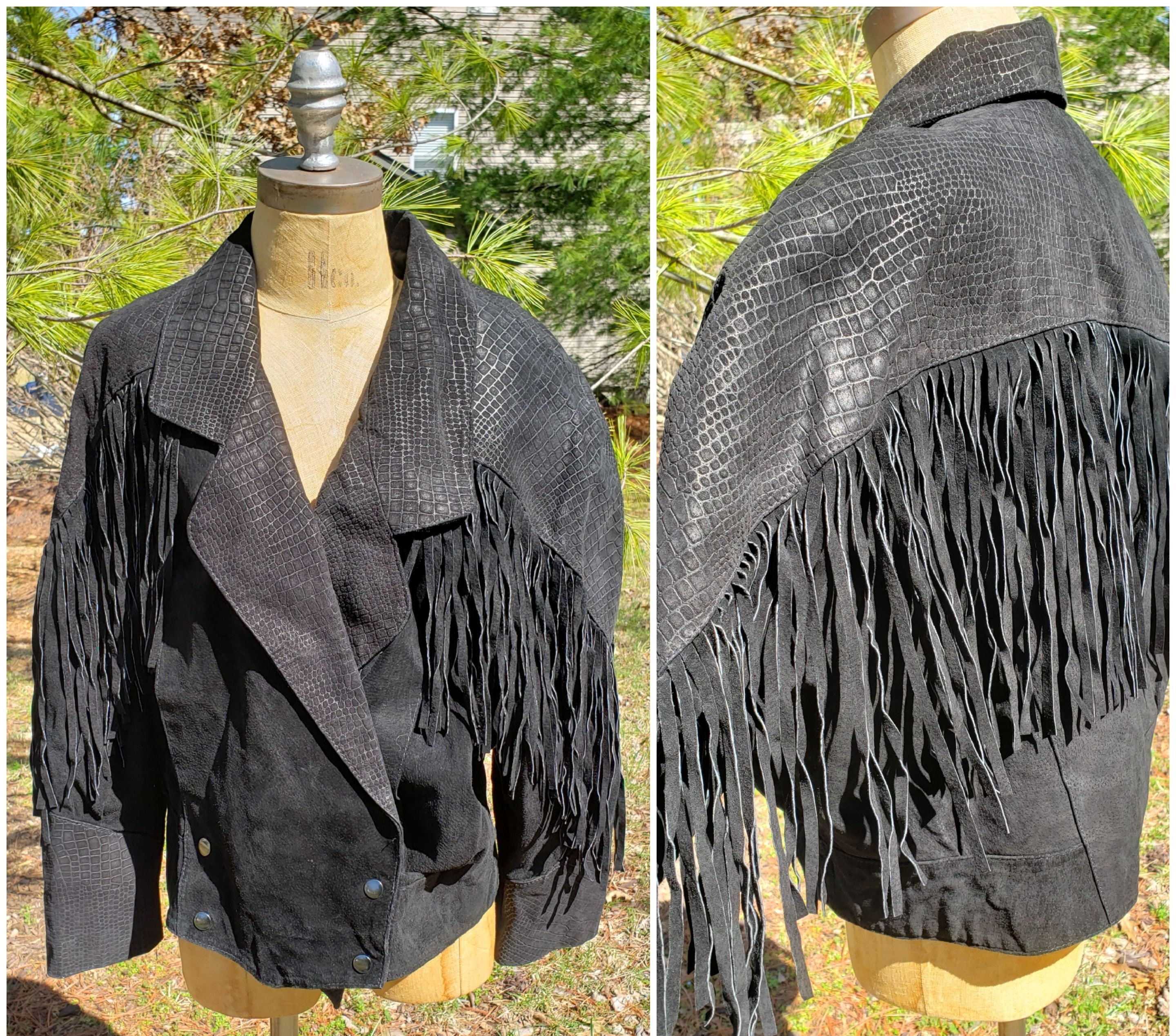 Vintage Black Suede Cropped Leather Fringe Jacket