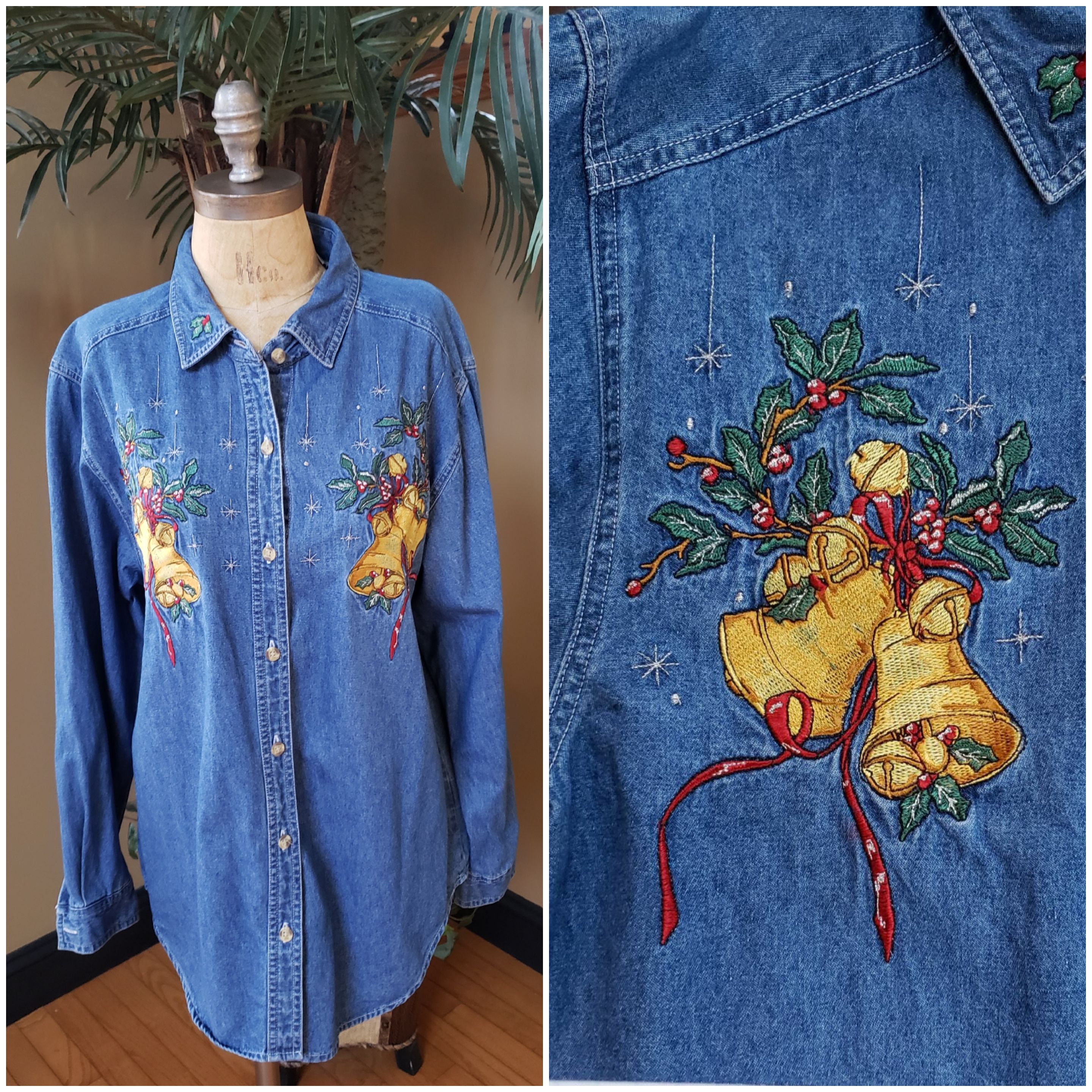 Vintage Christmas Embroidered Denim Long Sleeve Shirt Bells BOBBIE 